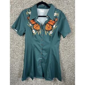 BoozeLele Western Dress Monarch Butterfly Deep Green Button Rockabilly Cotton